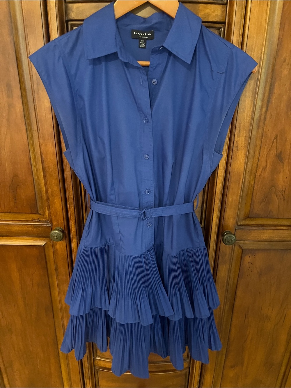 Current Air Sleeveless Shirt Dress in Deep Blue with Tiered Pleats